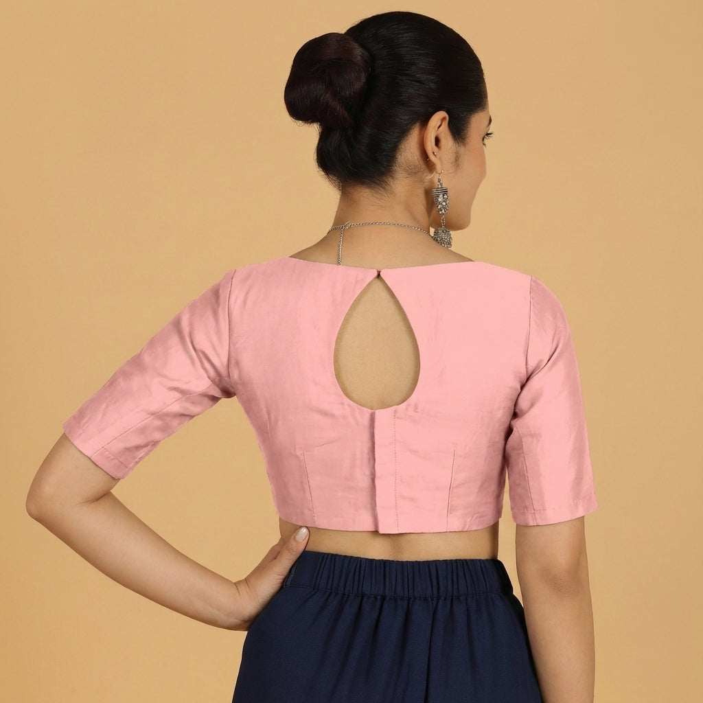 Jigyasa x Tyohaar Saree Blouse, in Pink Chandheri, featuring elbow sleeves and boat neckline, made for party & festive (view 2).