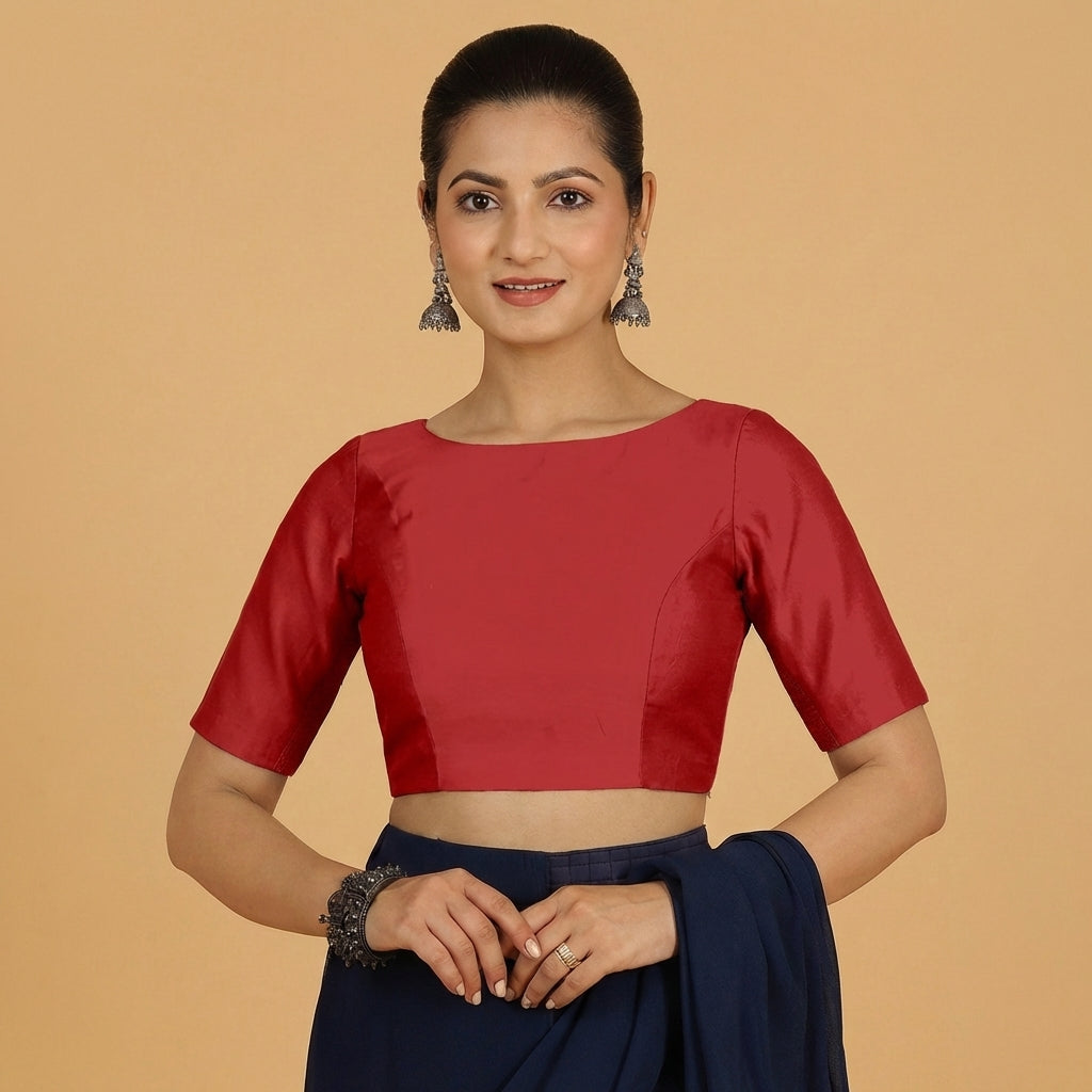 Jigyasa x Tyohaar Saree Blouse, in Red Chandheri, featuring elbow sleeves and boat neckline, made for party & festive (view 2).