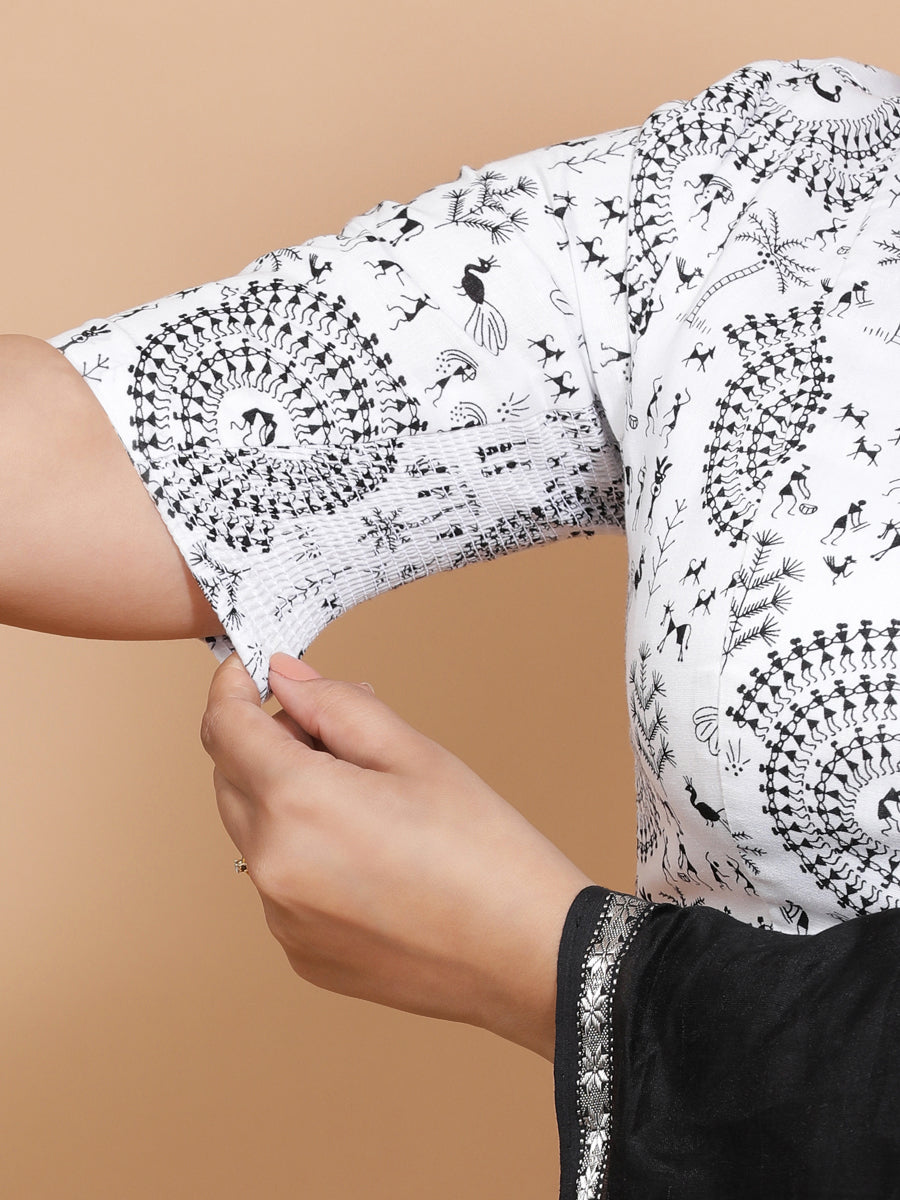 Jivika x Rozaana Saree Blouse, in White Cotton, featuring elbow sleeves and v-neckline, made for daily & work (view 4).