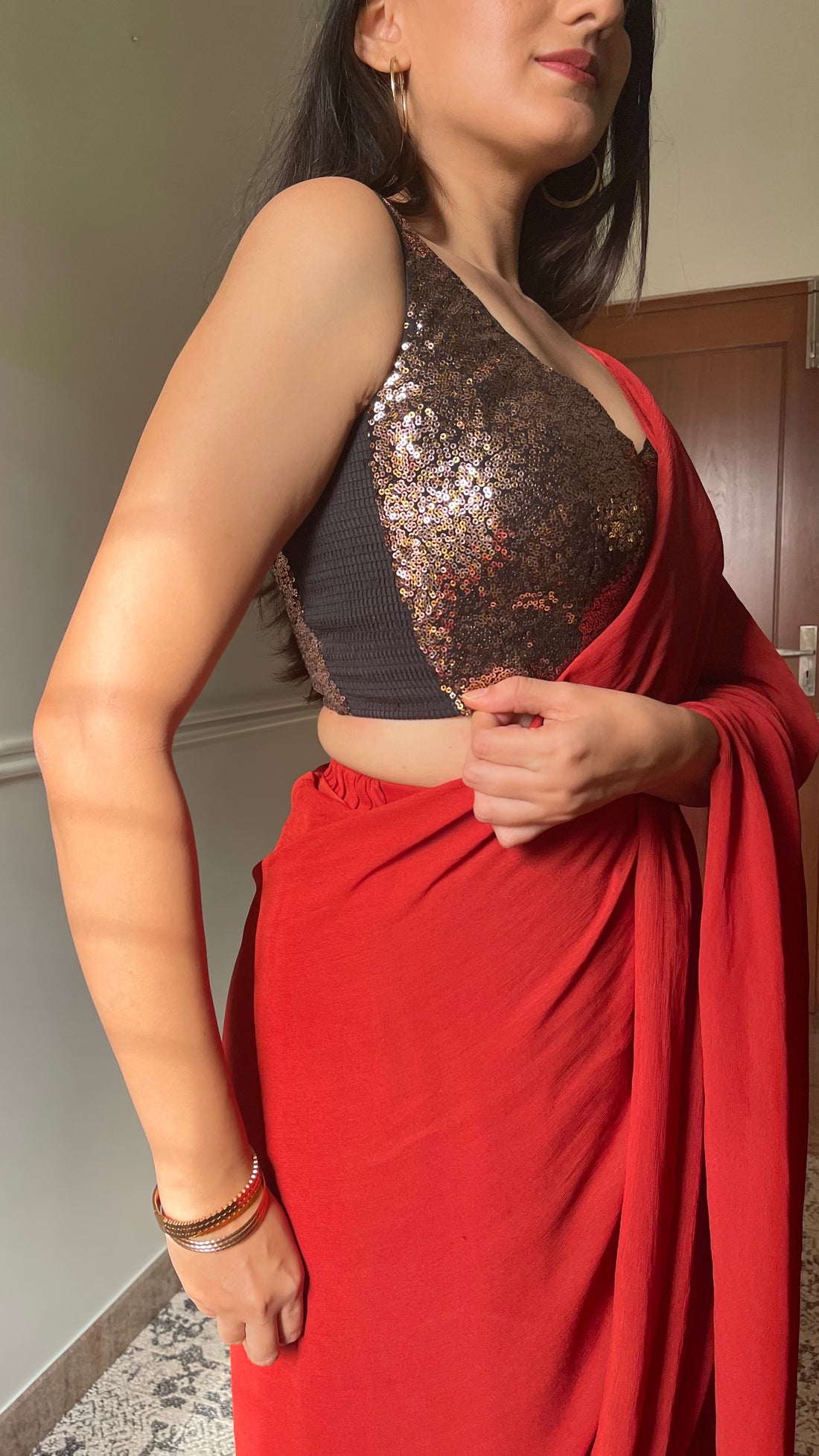 Kanika x Tyohaar Saree Blouse, in Gold Sequin, featuring sleeveless, made for party & festive (view 3).
