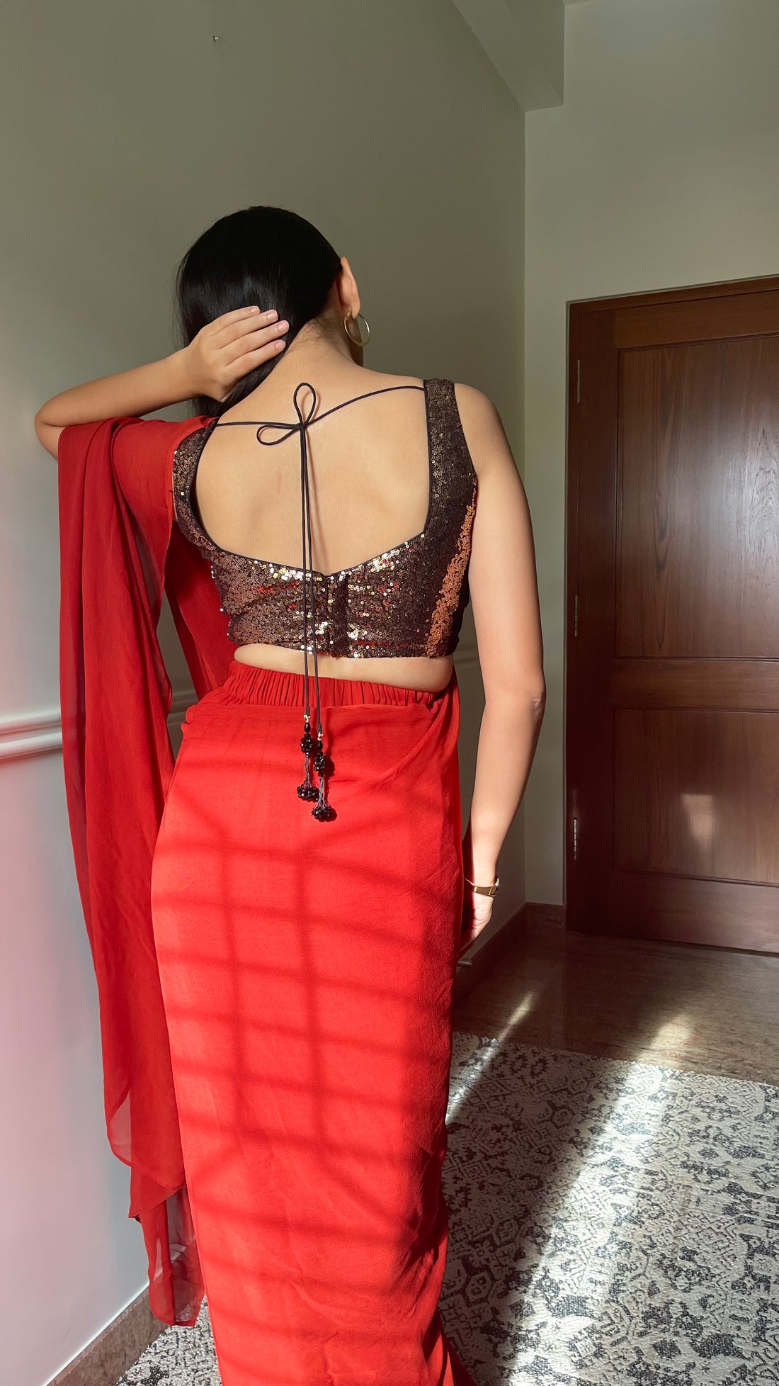 Kanika x Tyohaar Saree Blouse, in Gold Sequin, featuring sleeveless, made for party & festive (view 6).