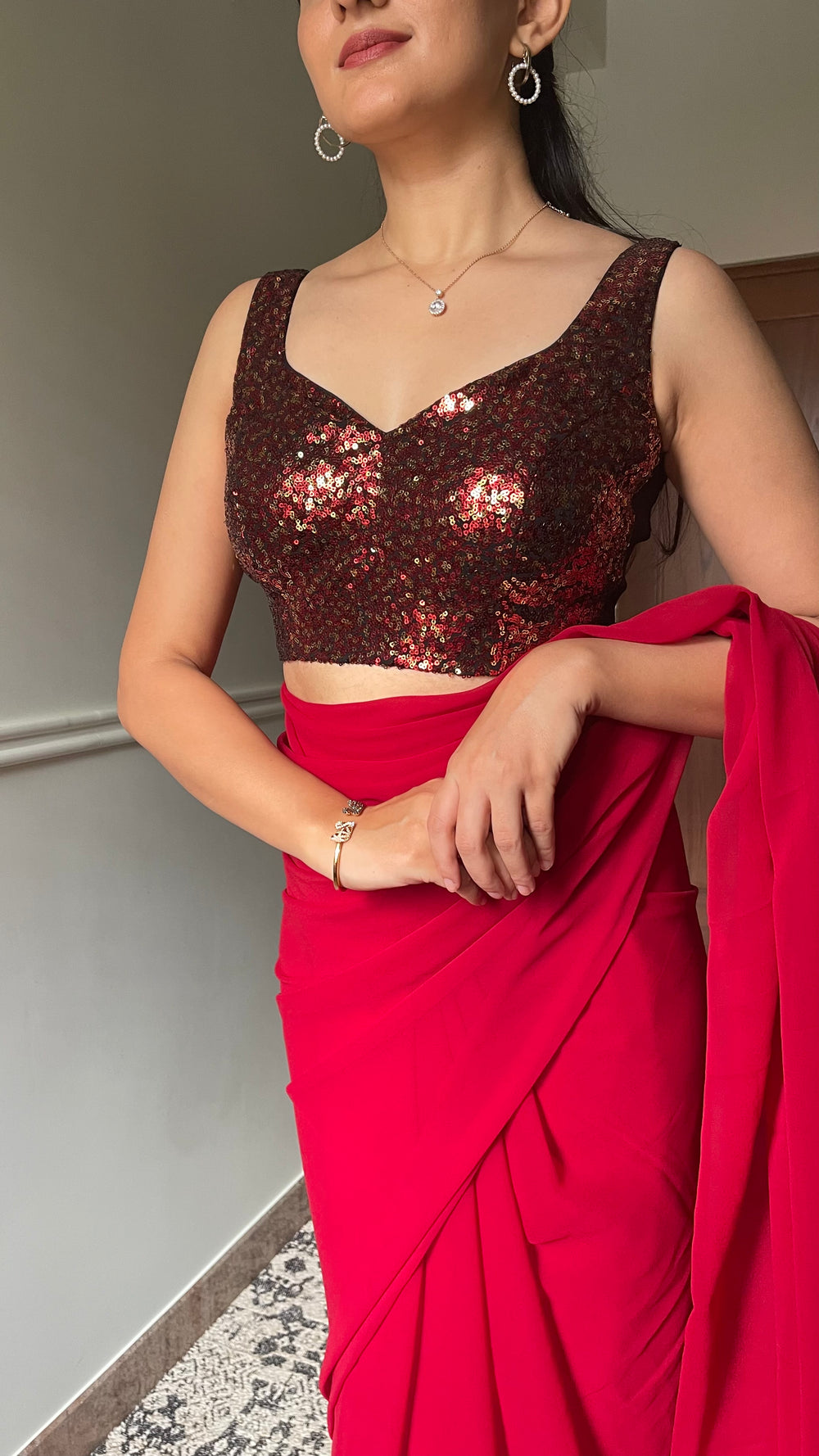 Kanika x Tyohaar | Sleeveless Black & Red Sequined Saree Blouse with Sweetheart Neck