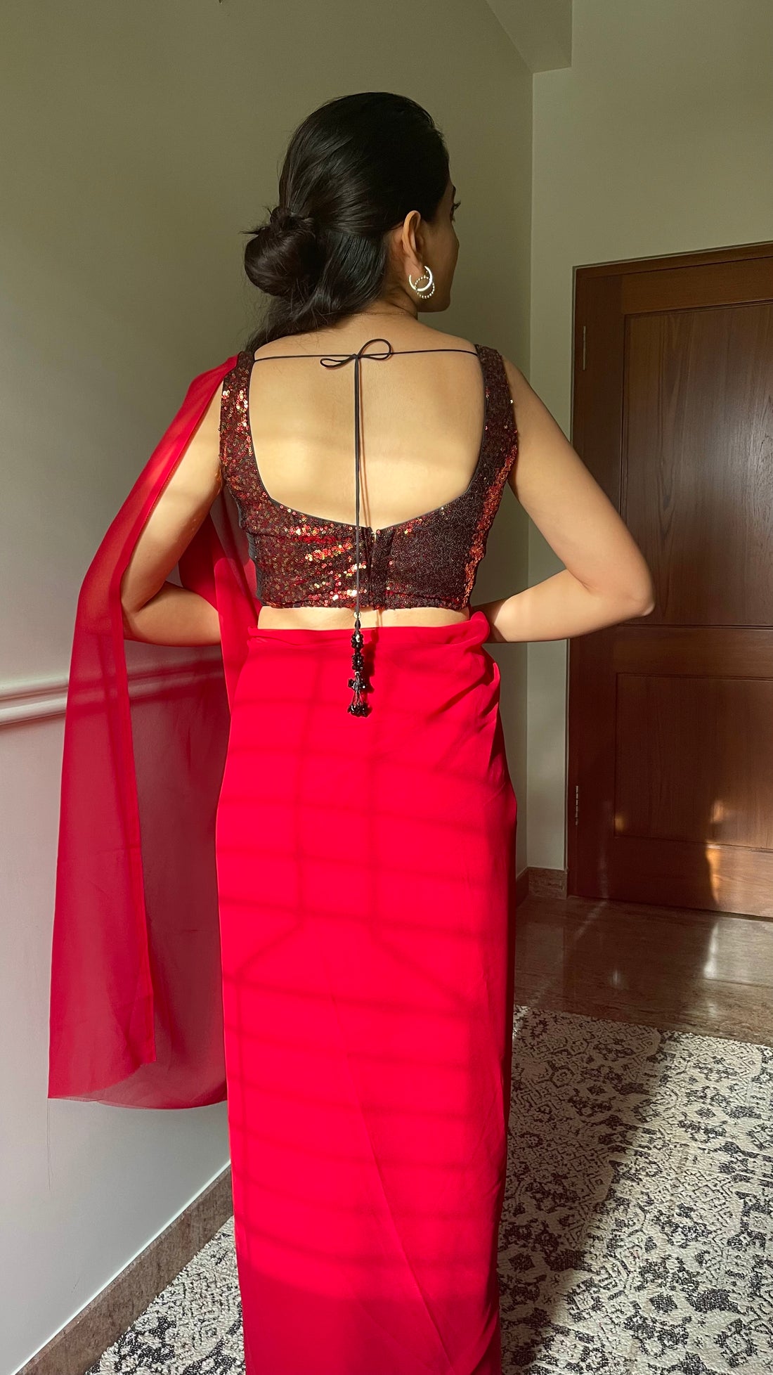 Kanika x Tyohaar Saree Blouse, in Red Sequin, featuring sleeveless, made for party & festive (view 2).