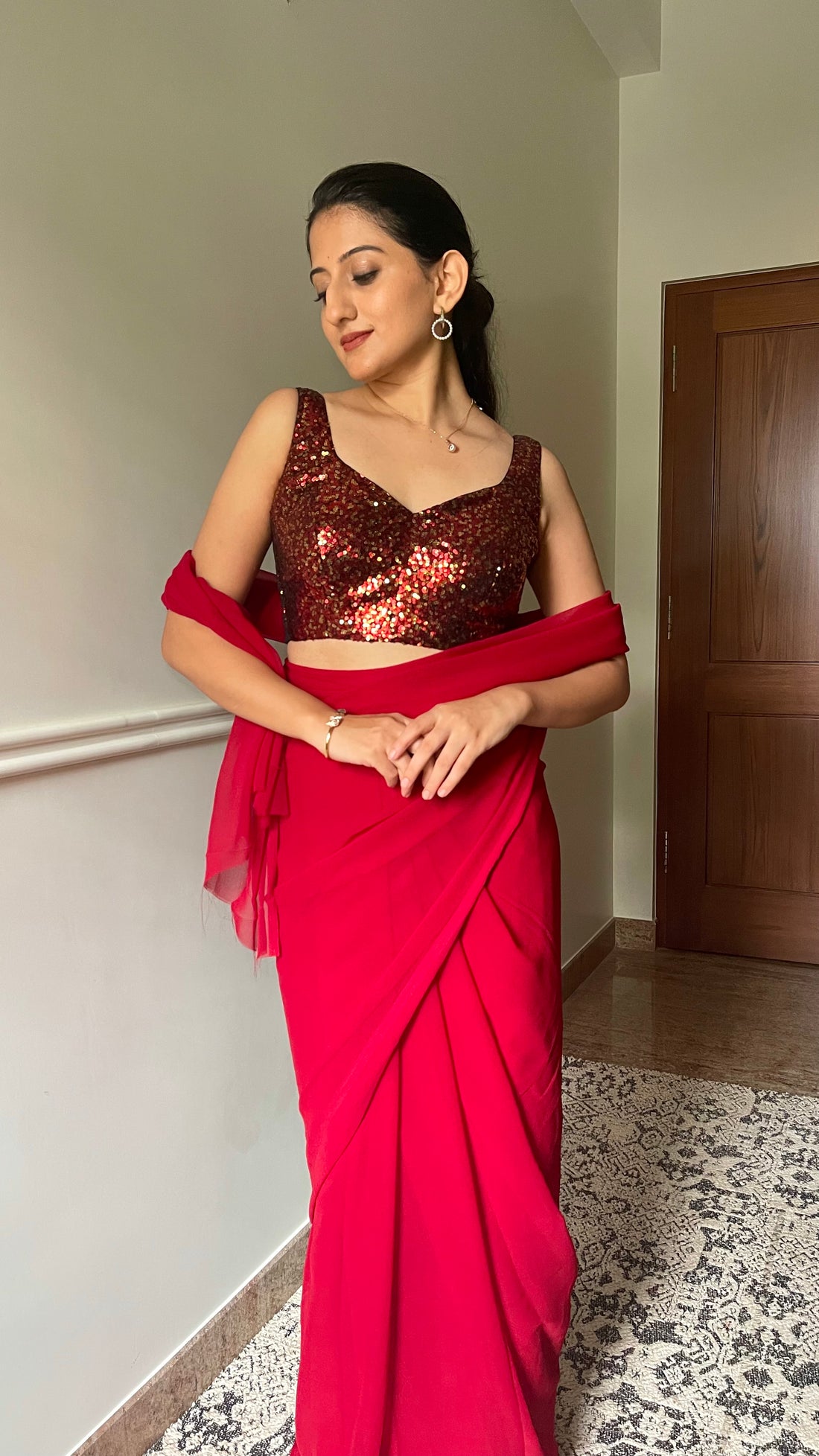 Kanika x Tyohaar Saree Blouse, in Red Sequin, featuring sleeveless, made for party & festive (view 5).