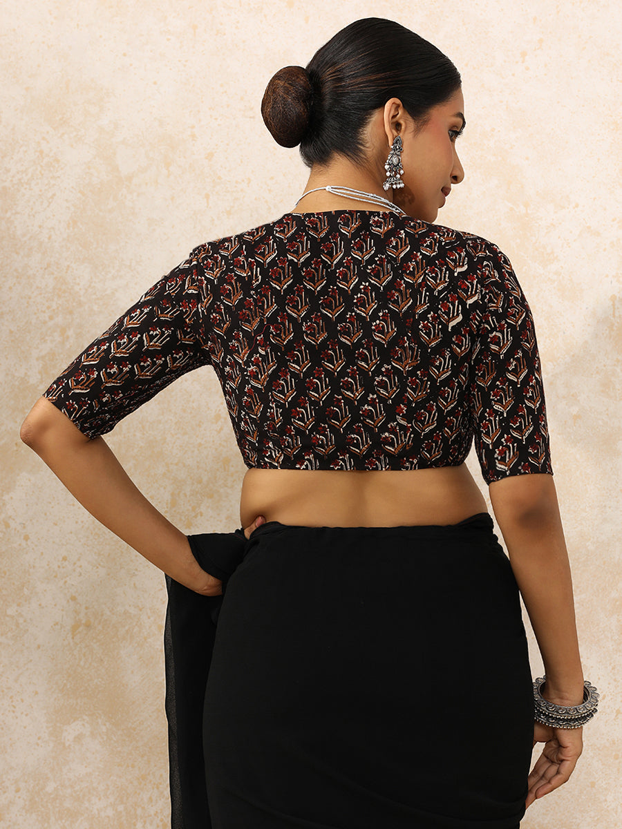 Karina x Rozaana Saree Blouse, in Black 100% Cotton - Block Printed, featuring elbow sleeves and v-neckline (view 2).