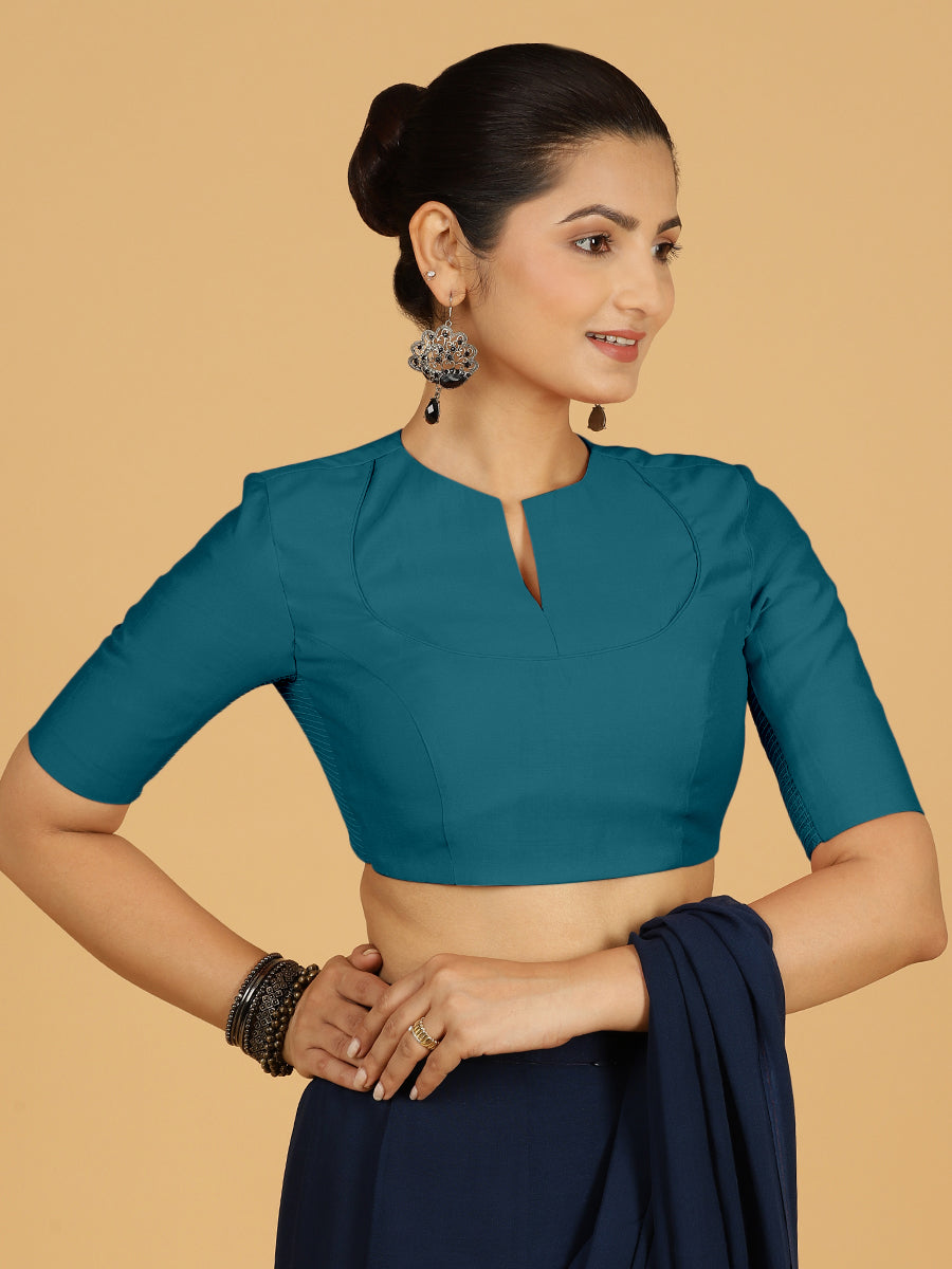 Karishma x Rozaana Saree Blouse, in Green Viscose, featuring elbow sleeves and jewel neckline, made for daily & work (view 7).
