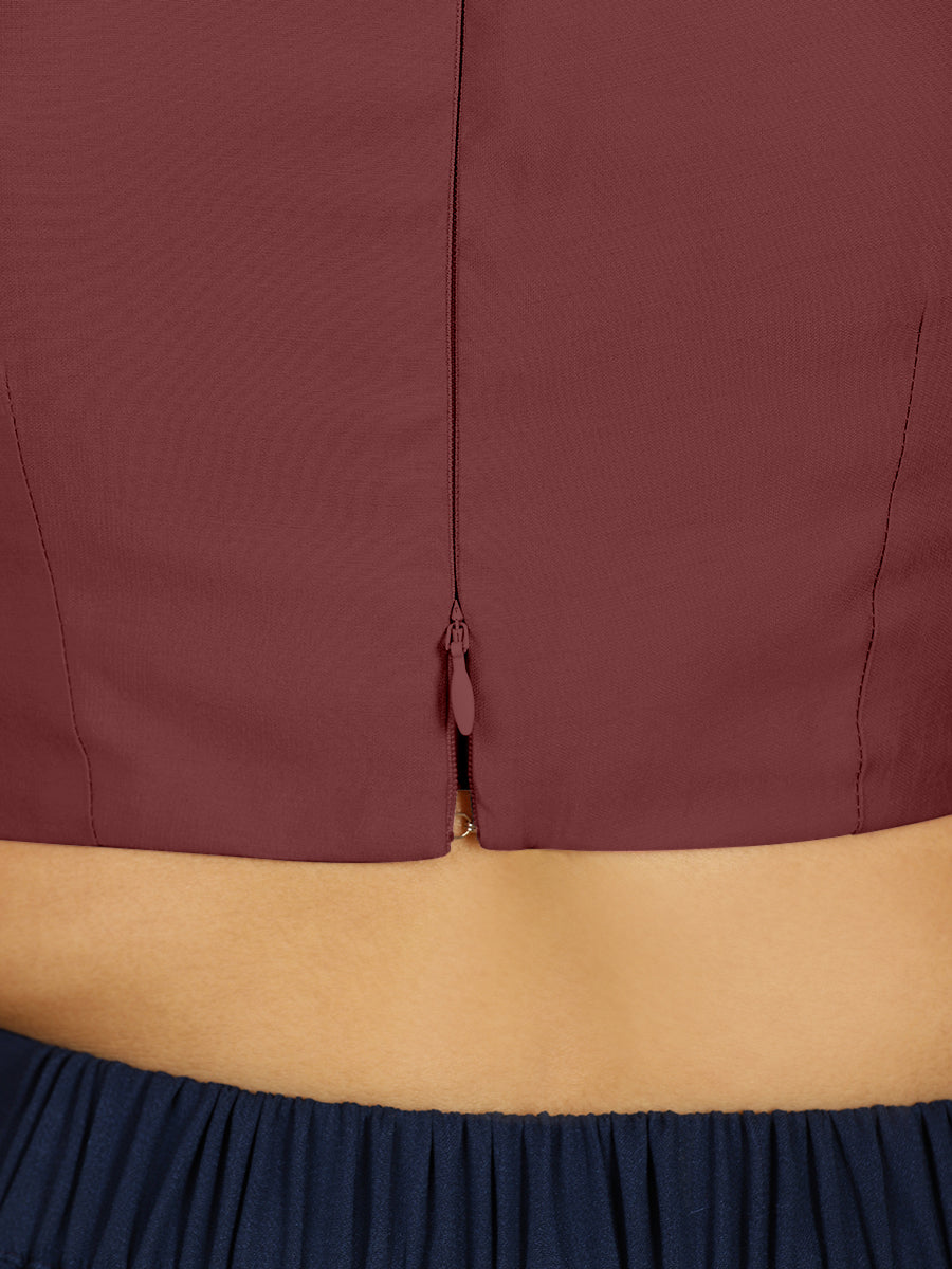 Karishma x Rozaana Saree Blouse, in Maroon Viscose, featuring elbow sleeves and jewel neckline, made for daily & work (view 6).