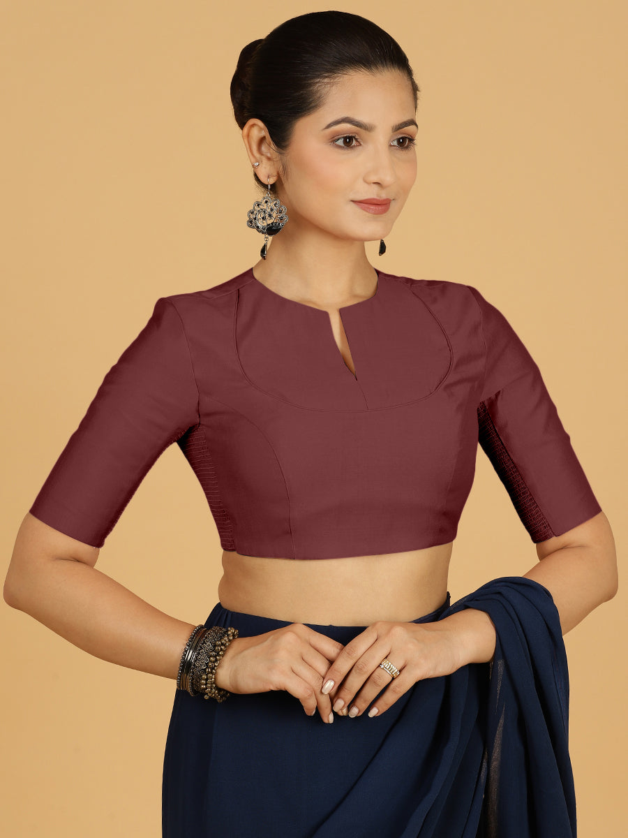 Karishma x Rozaana Saree Blouse, in Maroon Viscose, featuring elbow sleeves and jewel neckline, made for daily & work (view 7).