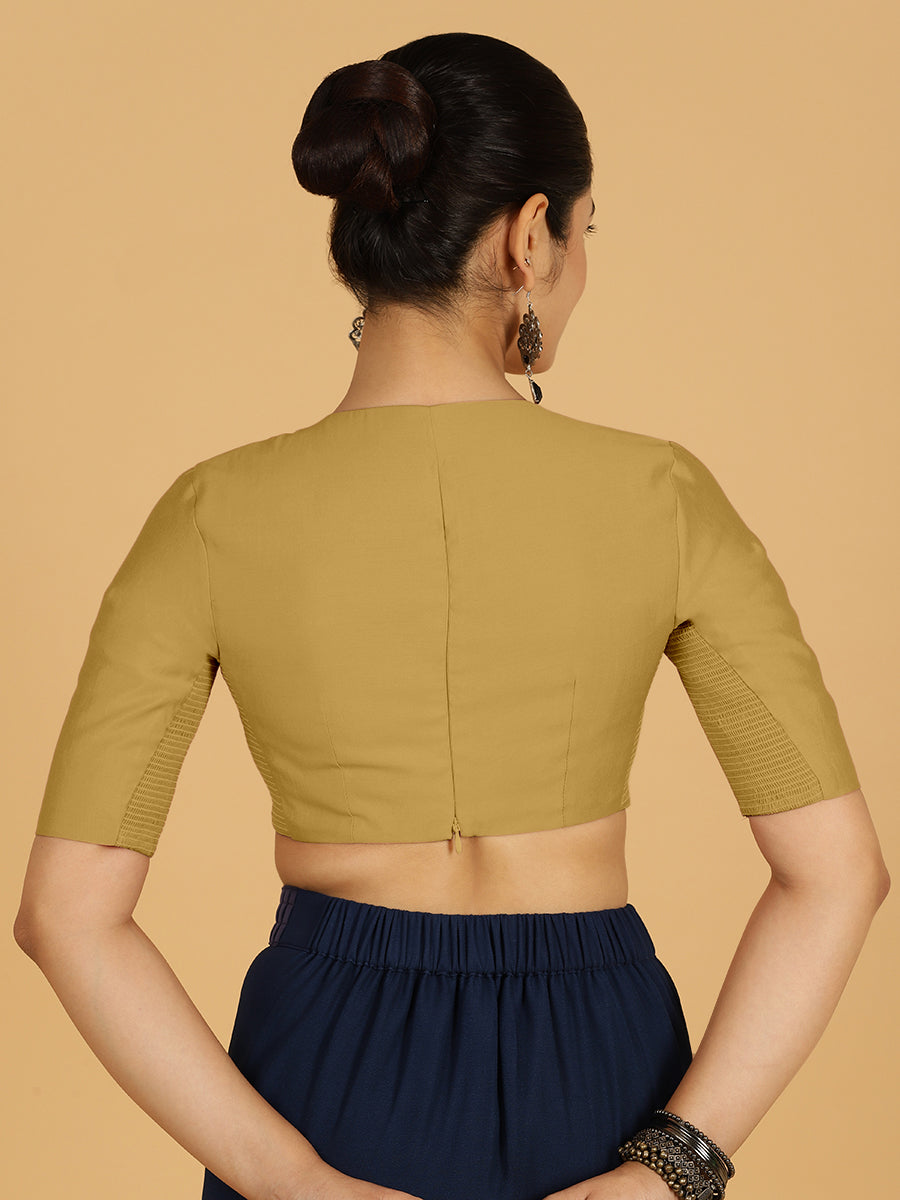 Karishma x Rozaana Saree Blouse, in Yellow Viscose, featuring elbow sleeves and jewel neckline, made for daily & work (view 2).