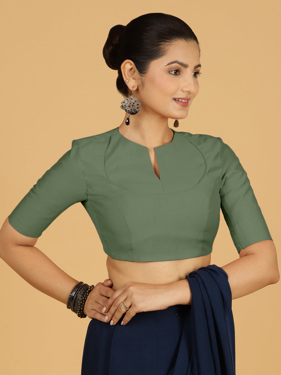 Karishma x Rozaana Saree Blouse, in Green Viscose, featuring elbow sleeves and jewel neckline, made for daily & work (view 7).