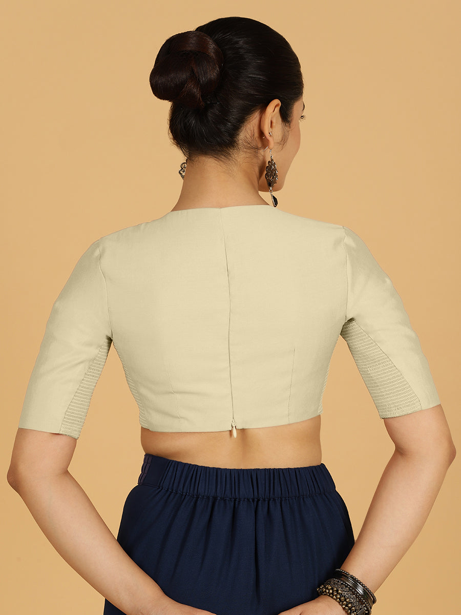 Karishma x Rozaana Saree Blouse, in White Viscose, featuring elbow sleeves and jewel neckline, made for daily & work (view 2).