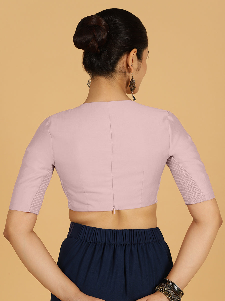 Karishma x Rozaana Saree Blouse, in Pink Viscose, featuring elbow sleeves and jewel neckline, made for daily & work (view 2).