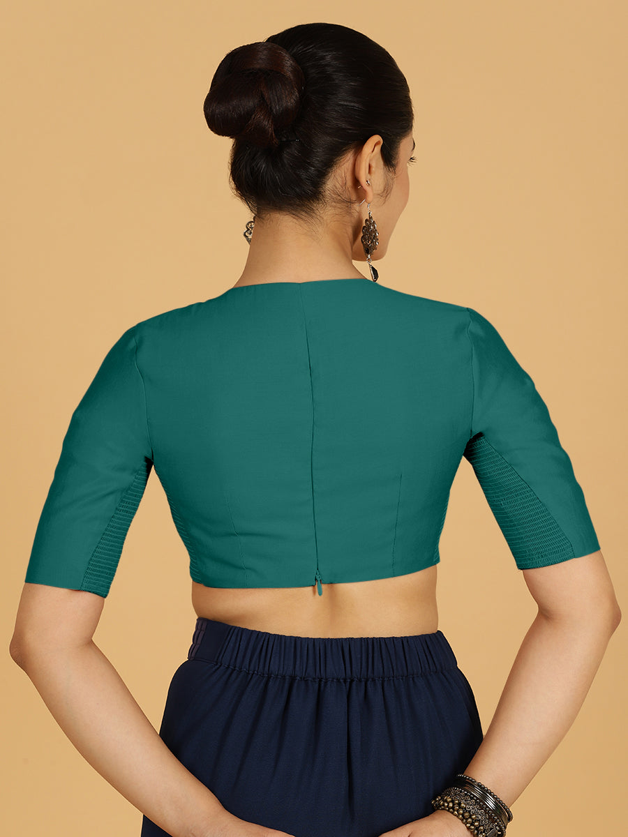 Karishma x Rozaana Saree Blouse, in Green Viscose, featuring elbow sleeves and jewel neckline, made for daily & work (view 2).