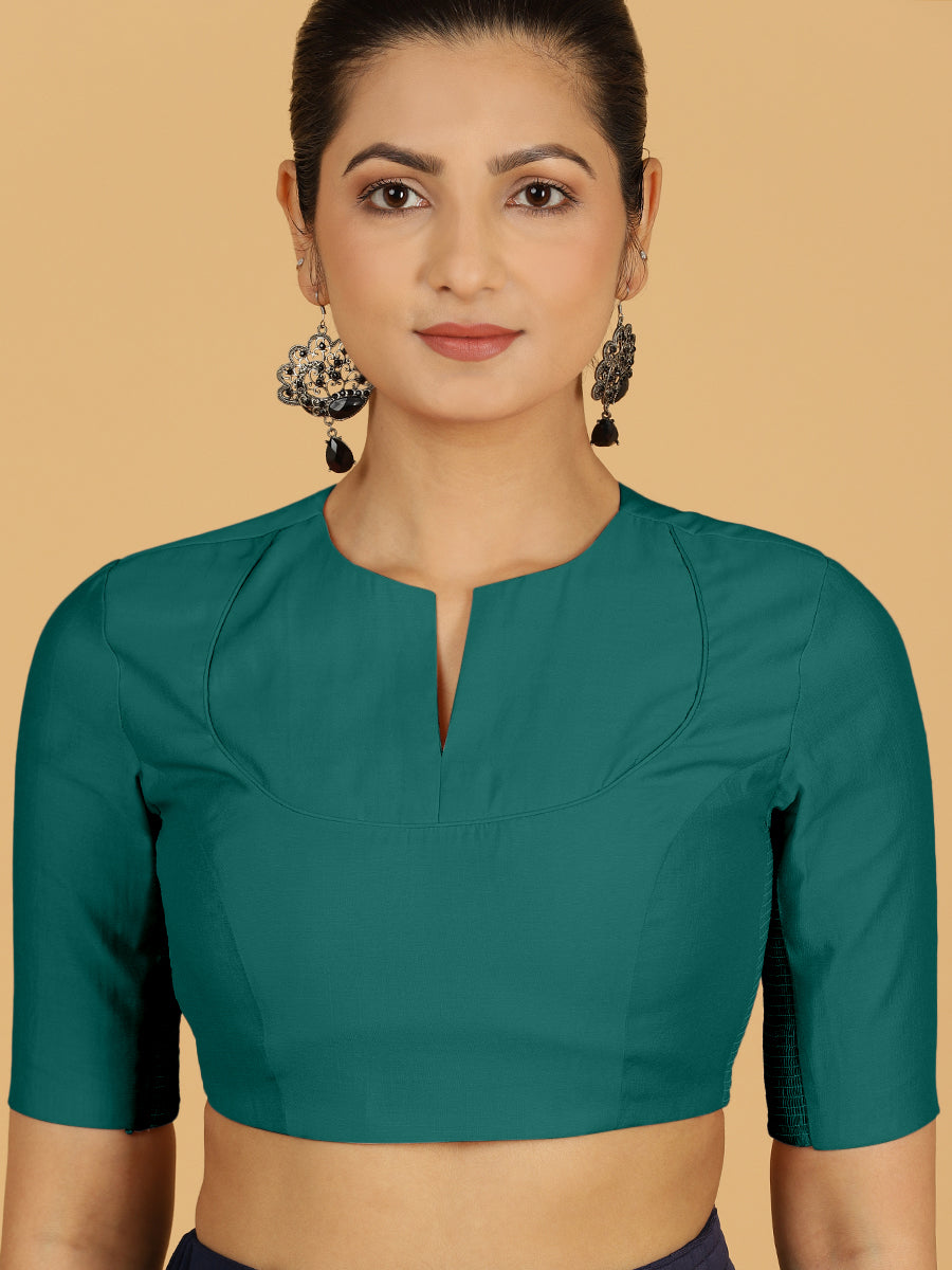 Karishma x Rozaana Saree Blouse, in Green Viscose, featuring elbow sleeves and jewel neckline, made for daily & work (view 5).