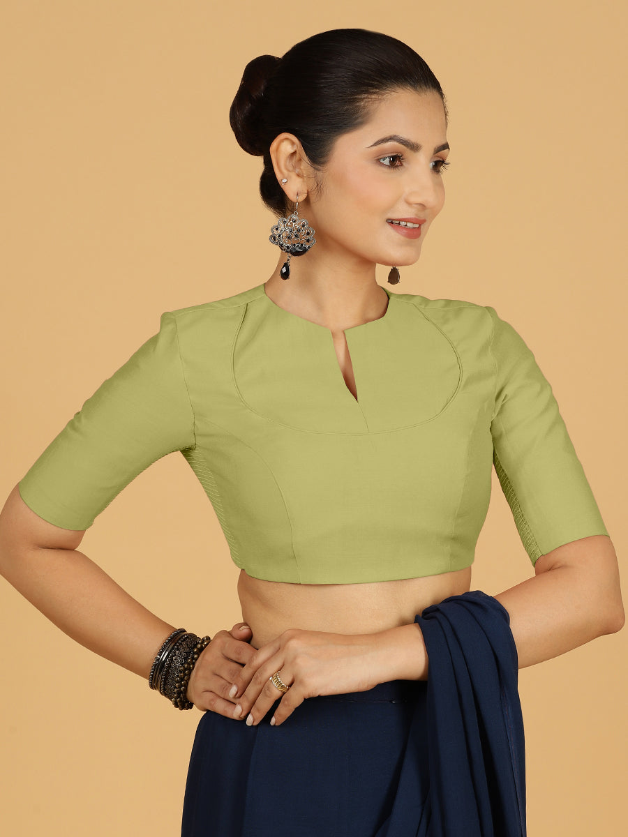 Karishma x Rozaana Saree Blouse, in Green Viscose, featuring elbow sleeves and pot neckline, made for daily & work (view 7).