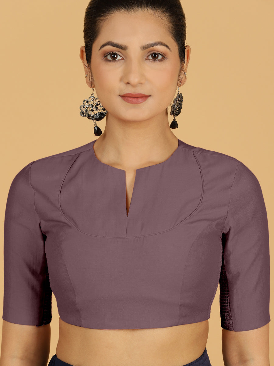 Karishma x Rozaana Saree Blouse, in Purple Viscose, featuring elbow sleeves and jewel neckline, made for daily & work (view 5).