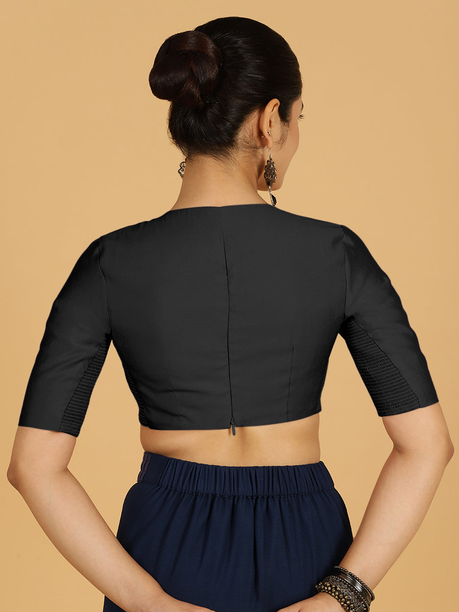 Karishma x Rozaana Saree Blouse, in Black Viscose, featuring elbow sleeves and jewel neckline, made for daily & work (view 2).