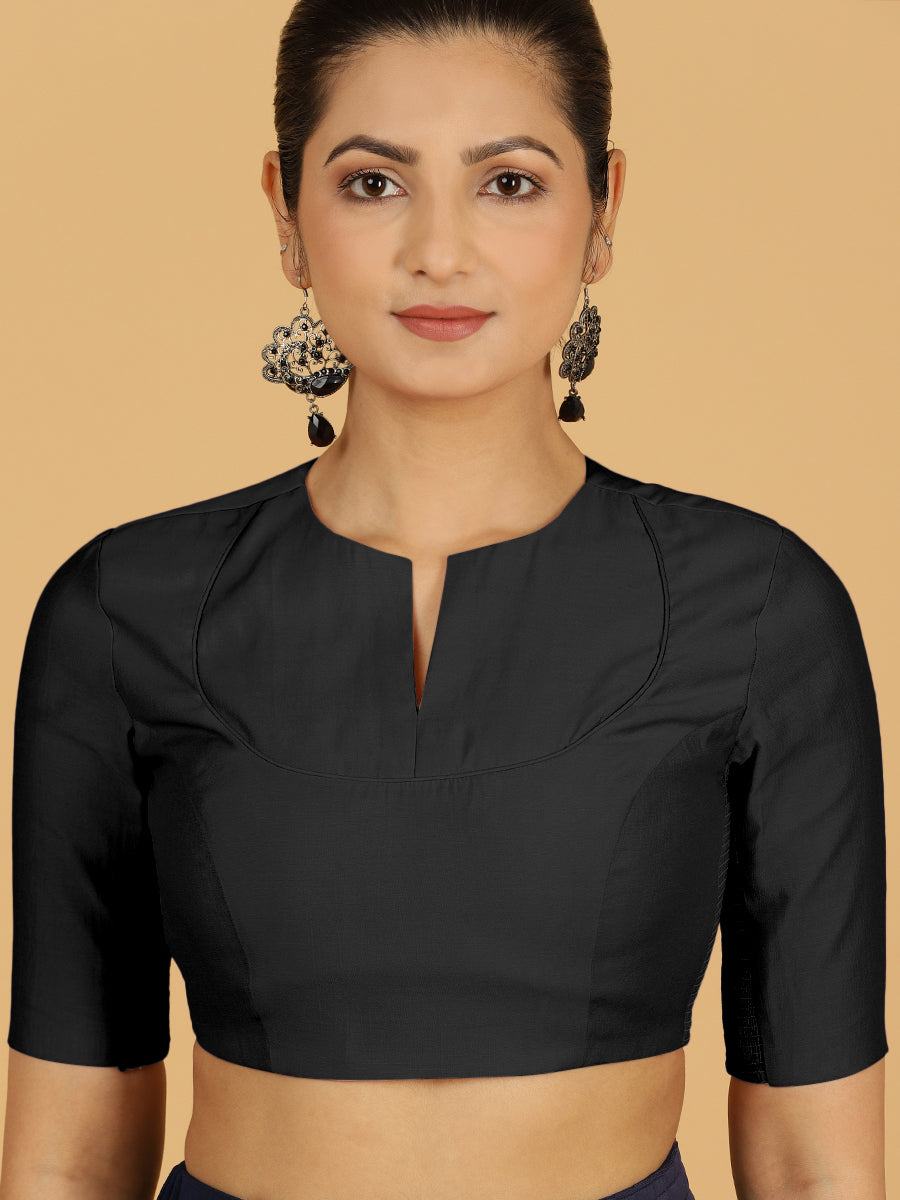Karishma x Rozaana Saree Blouse, in Black Viscose, featuring elbow sleeves and jewel neckline, made for daily & work (view 5).
