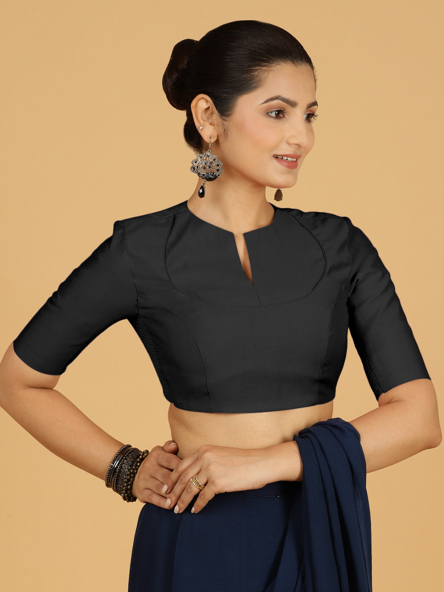 Karishma x Rozaana Saree Blouse, in Black Viscose, featuring elbow sleeves and jewel neckline, made for daily & work (view 7).