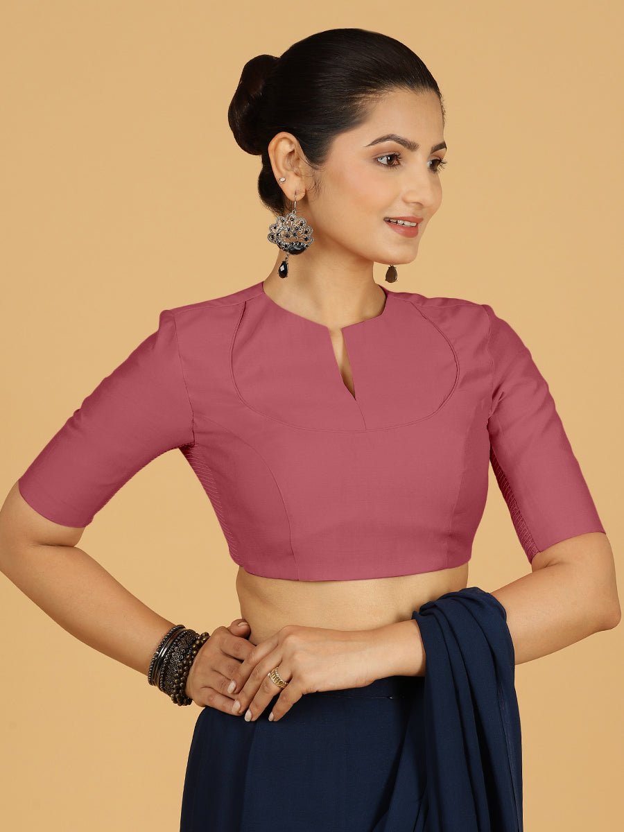 Karishma x Rozaana Saree Blouse, in Pink Viscose, featuring elbow sleeves and jewel neckline, made for daily & work.