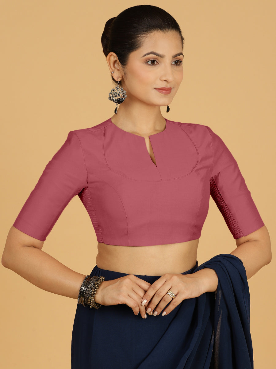Karishma x Rozaana Saree Blouse, in Pink Viscose, featuring elbow sleeves and jewel neckline, made for daily & work (view 7).