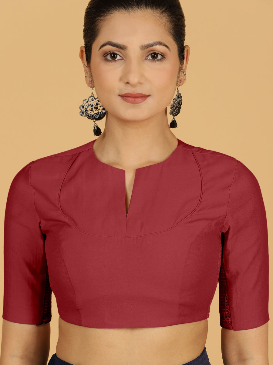 Karishma x Rozaana Saree Blouse, in Red Viscose, featuring elbow sleeves and jewel neckline, made for daily & work (view 5).