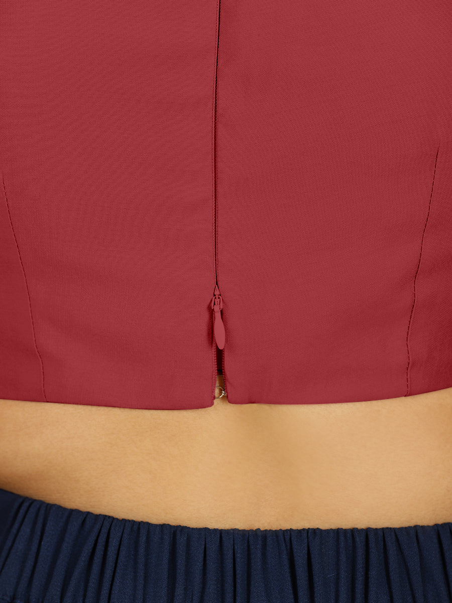 Karishma x Rozaana Saree Blouse, in Red Viscose, featuring elbow sleeves and jewel neckline, made for daily & work (view 6).