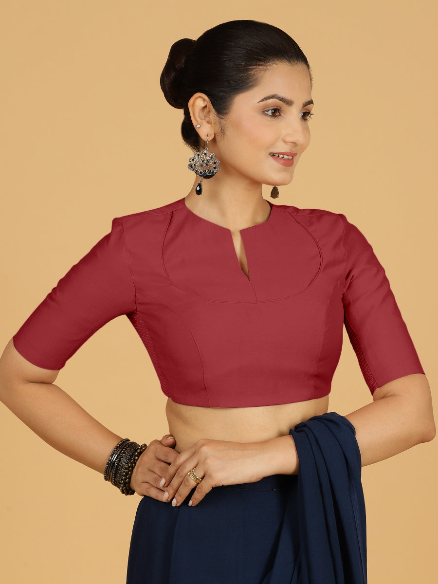 Karishma x Rozaana Saree Blouse, in Red Viscose, featuring elbow sleeves and jewel neckline, made for daily & work (view 7).