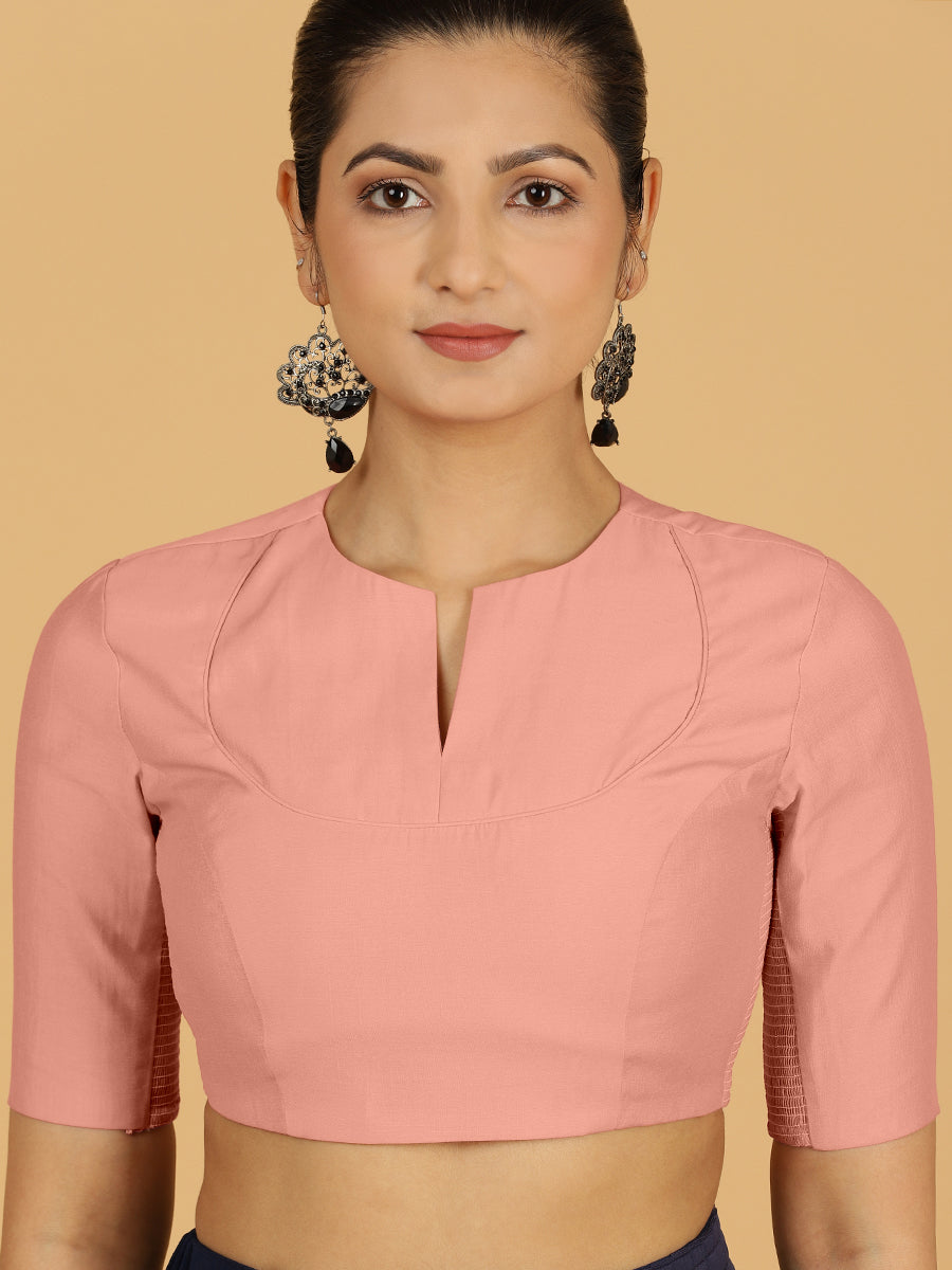 Karishma x Rozaana Saree Blouse, in Pink Viscose, featuring elbow sleeves and jewel neckline, made for daily & work (view 5).