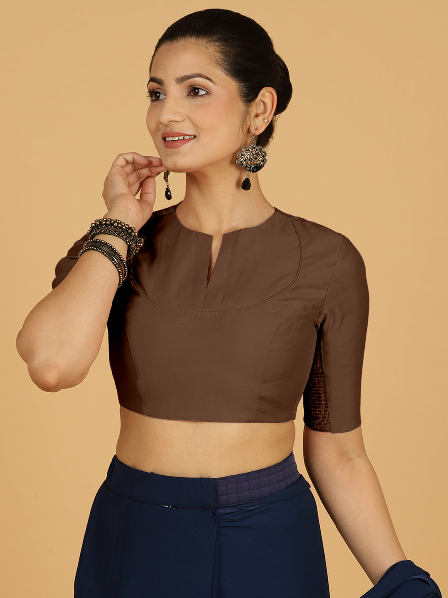 Karishma x Rozaana Saree Blouse, in Brown Viscose, featuring elbow sleeves and jewel neckline, made for daily & work.