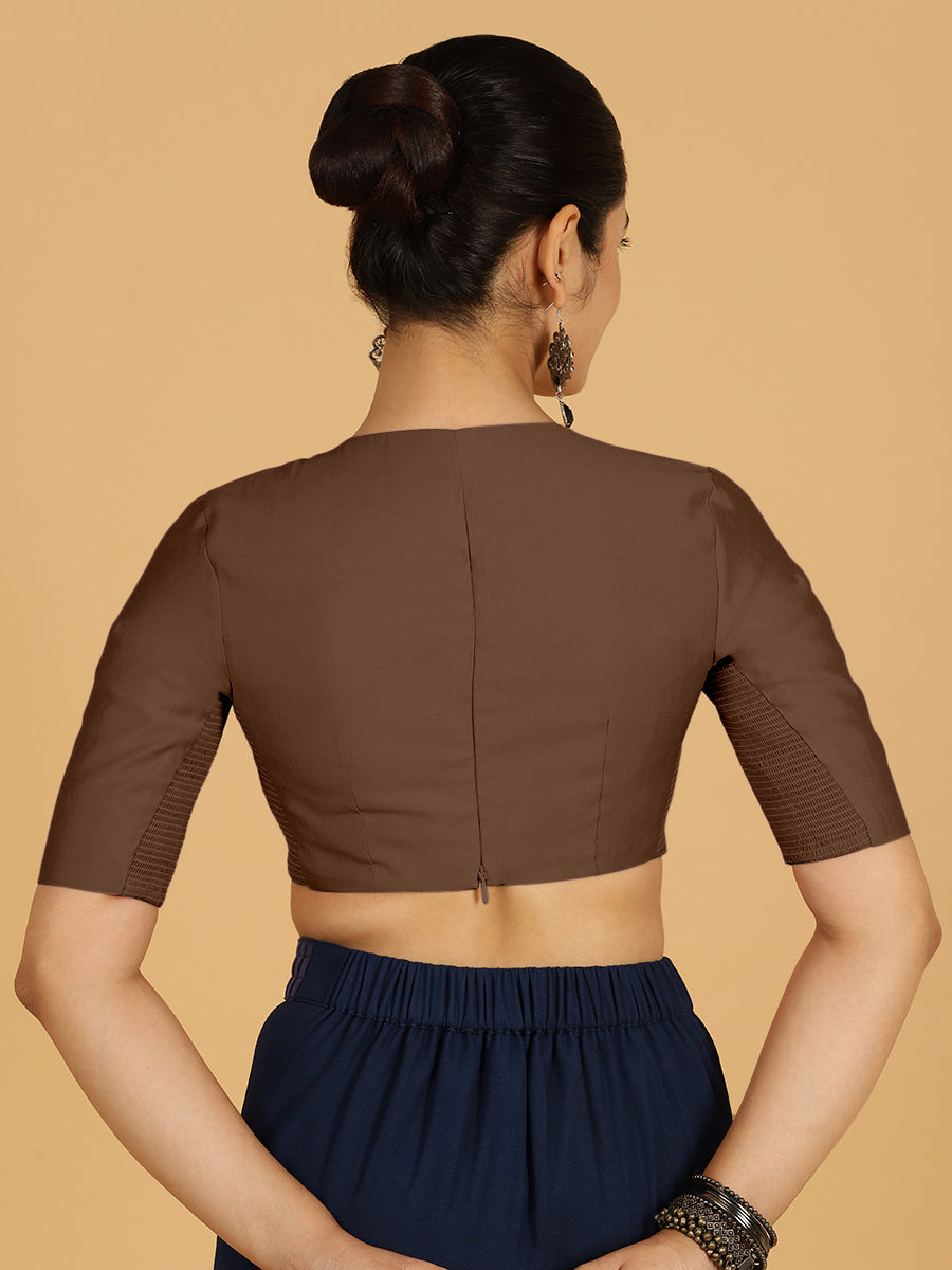 Karishma x Rozaana Saree Blouse, in Brown Viscose, featuring elbow sleeves and jewel neckline, made for daily & work (view 2).