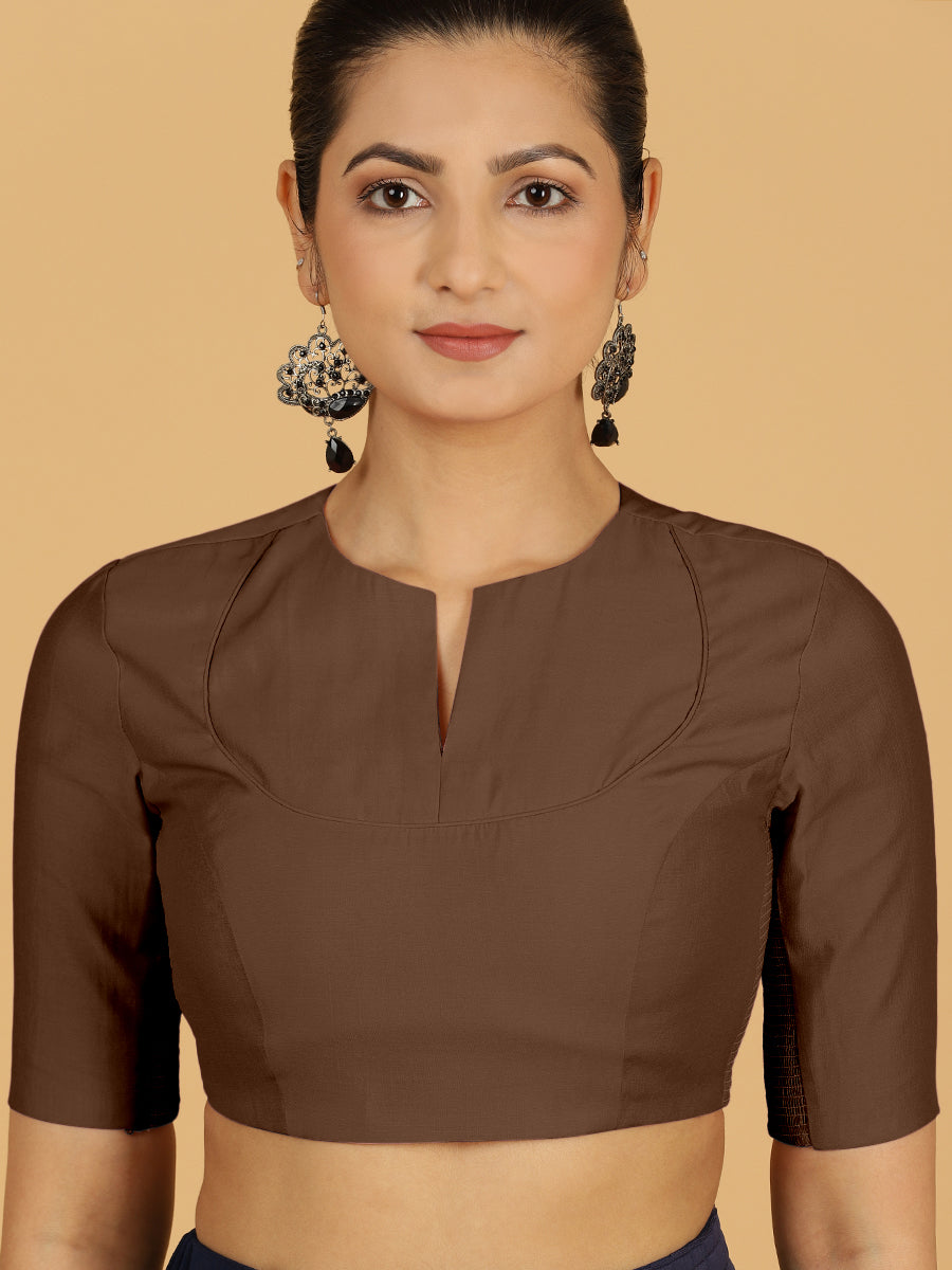 Karishma x Rozaana Saree Blouse, in Brown Viscose, featuring elbow sleeves and jewel neckline, made for daily & work (view 5).
