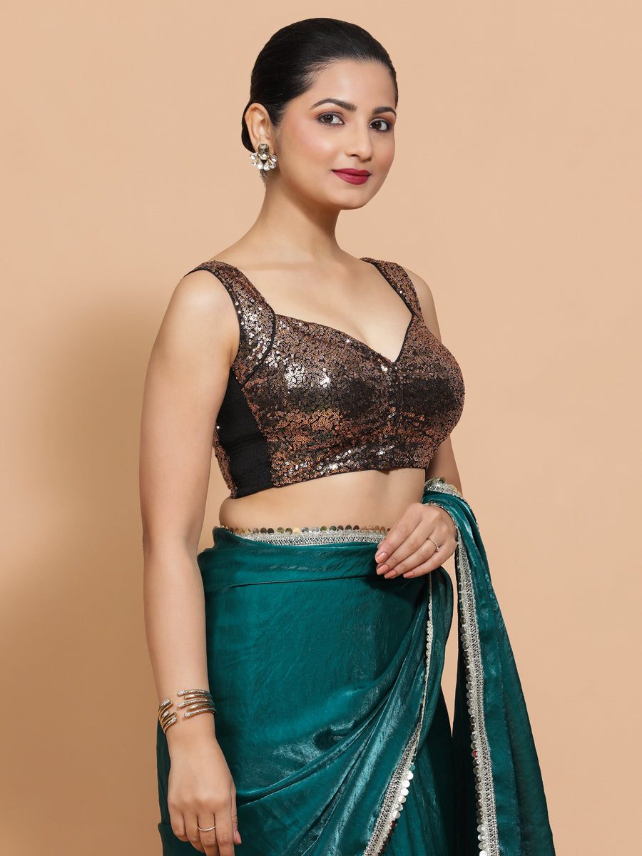 Kashish x Tyohaar Saree Blouse, in Gold Sequin, featuring sleeveless and sweetheart neckline, made for party & festive (view 5).