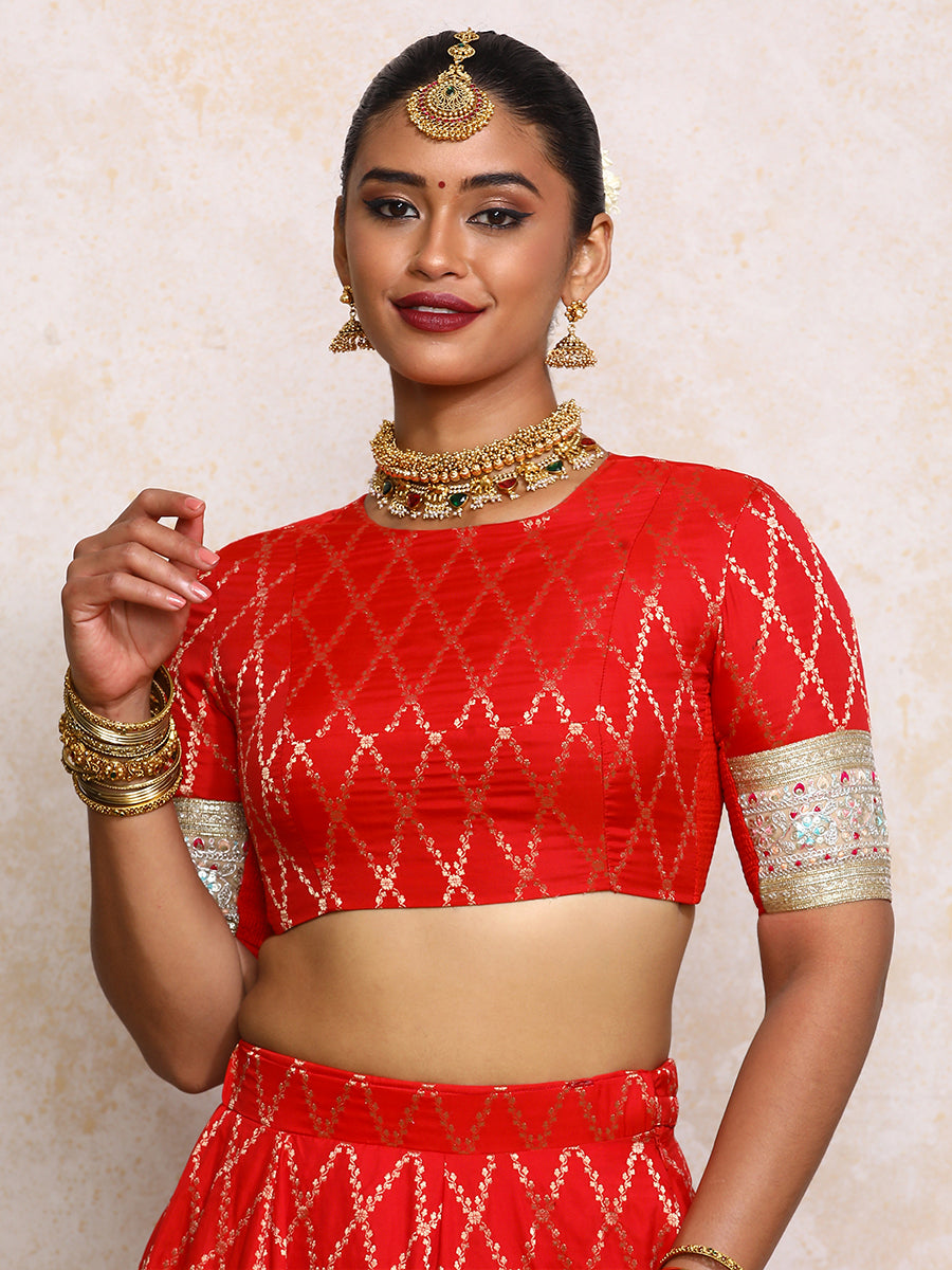 Kashvi x Tyohaar Saree Blouse, in Red Viscose Silk Brocade, featuring elbow sleeves and jewel neckline (view 4).
