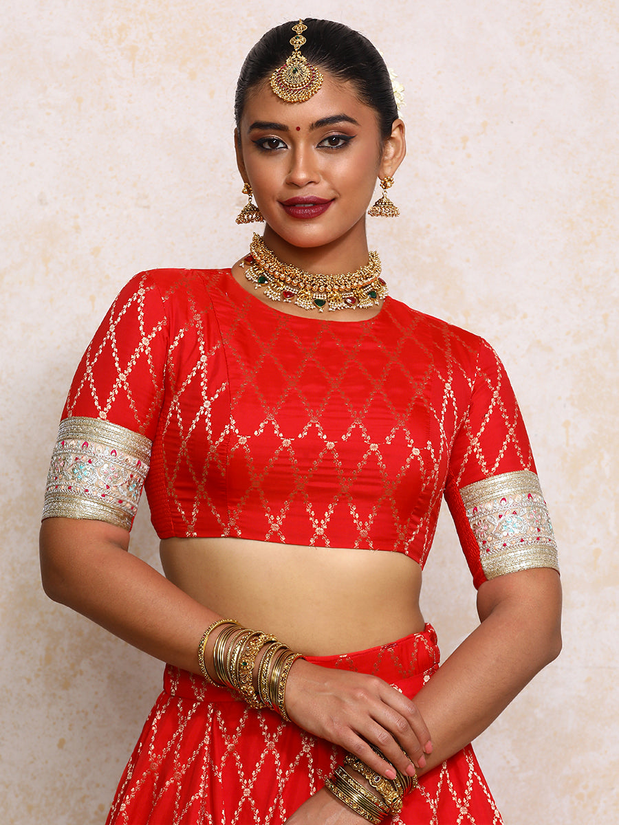 Kashvi x Tyohaar Saree Blouse, in Red Viscose Silk Brocade, featuring elbow sleeves and jewel neckline (view 5).