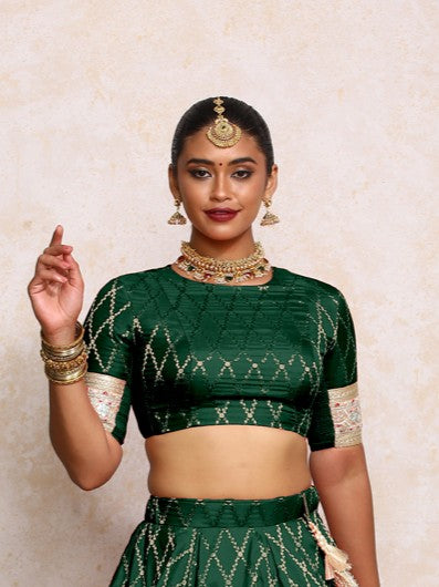 Kashvi x Tyohaar Saree Blouse, in Green Viscose Silk Brocade, featuring elbow sleeves and jewel neckline (view 4).