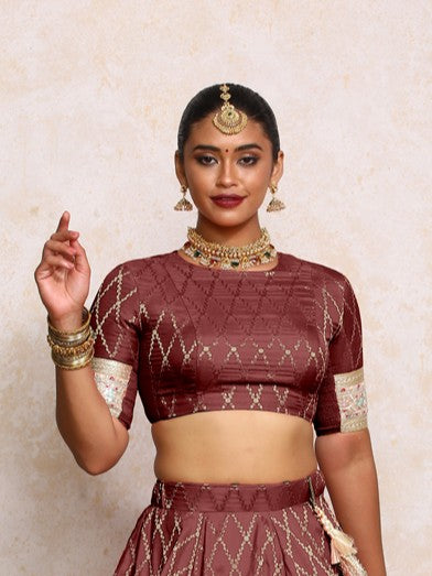 Kashvi x Tyohaar Saree Blouse, in Maroon Viscose Silk Brocade, featuring elbow sleeves and jewel neckline (view 4).
