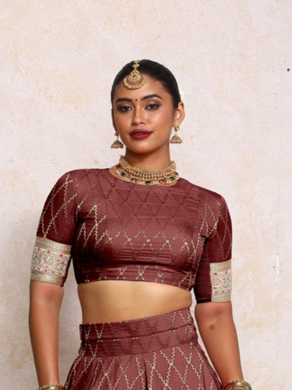 Kashvi x Tyohaar Saree Blouse, in Maroon Viscose Silk Brocade, featuring elbow sleeves and jewel neckline (view 5).