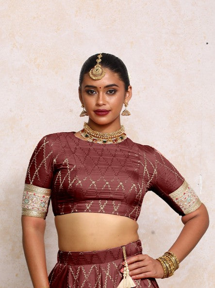 Kashvi x Tyohaar Saree Blouse, in Maroon Viscose Silk Brocade, featuring elbow sleeves and jewel neckline (view 6).