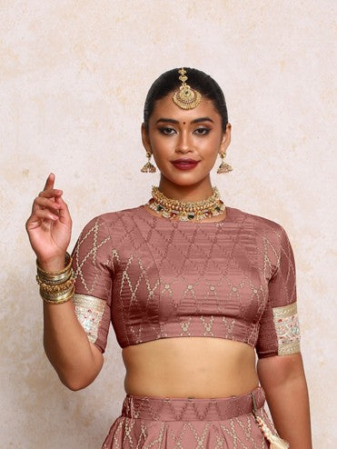 Kashvi x Tyohaar Saree Blouse, in Pink Viscose Silk Brocade, featuring elbow sleeves and jewel neckline (view 4).