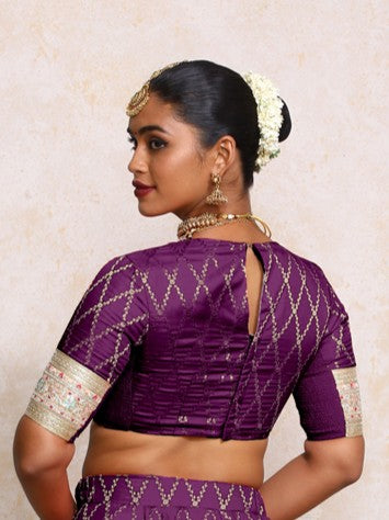 Kashvi x Tyohaar Saree Blouse, in Purple Viscose Silk Brocade, featuring elbow sleeves and jewel neckline (view 2).