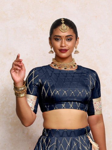 Kashvi x Tyohaar Saree Blouse, in Blue Viscose Silk Brocade, featuring elbow sleeves and jewel neckline (view 5).
