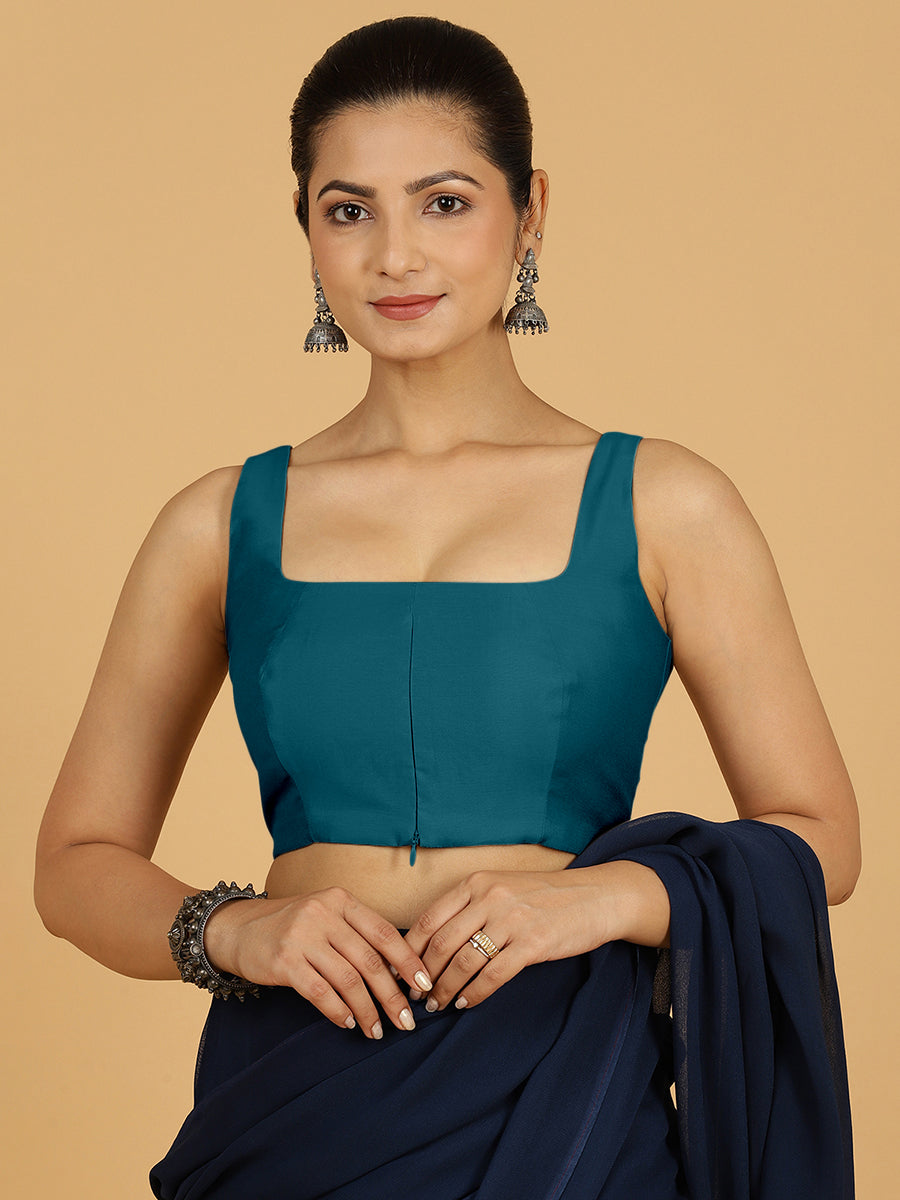 Kasturi x Rozaana Saree Blouse, in Blue Viscose, featuring sleeveless and square neckline, made for daily & work.