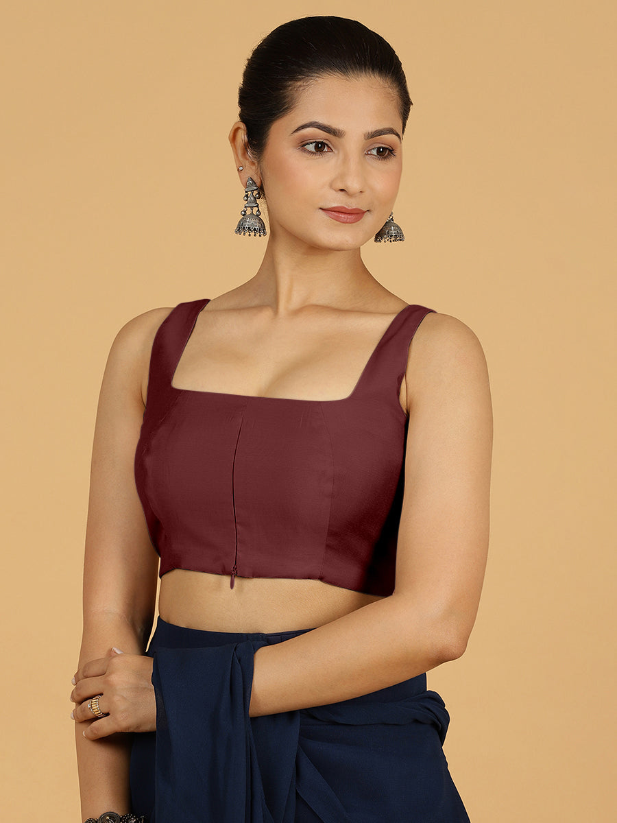Kasturi x Rozaana Saree Blouse, in Maroon Viscose, featuring sleeveless and square neckline, made for daily & work (view 6).