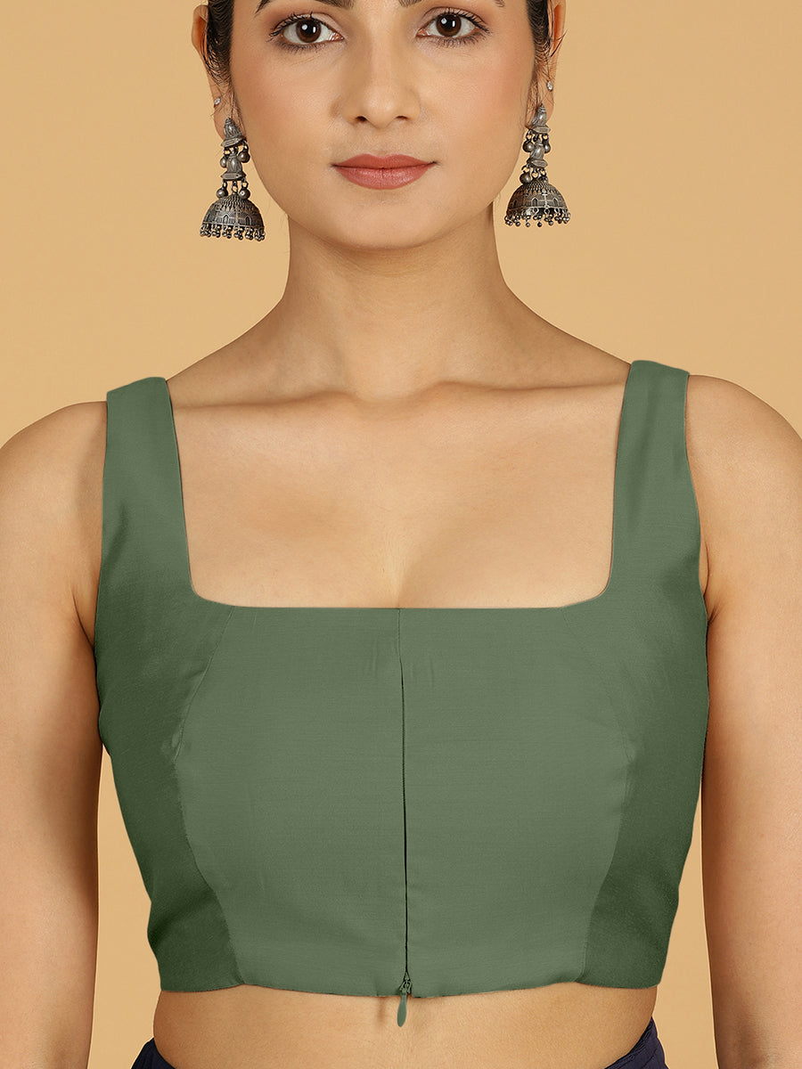 Kasturi x Rozaana Saree Blouse, in Green Viscose, featuring sleeveless and square neckline, made for daily & work (view 3).