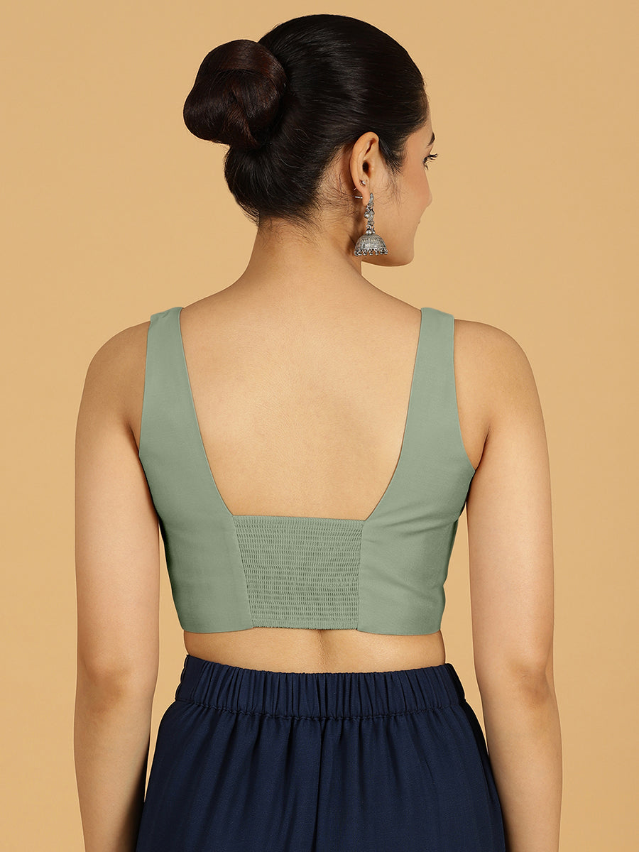 Kasturi x Rozaana Saree Blouse, in Green Viscose, featuring sleeveless and square neckline, made for daily & work (view 2).