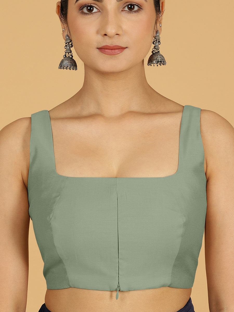 Kasturi x Rozaana Saree Blouse, in Green Viscose, featuring sleeveless and square neckline, made for daily & work (view 3).