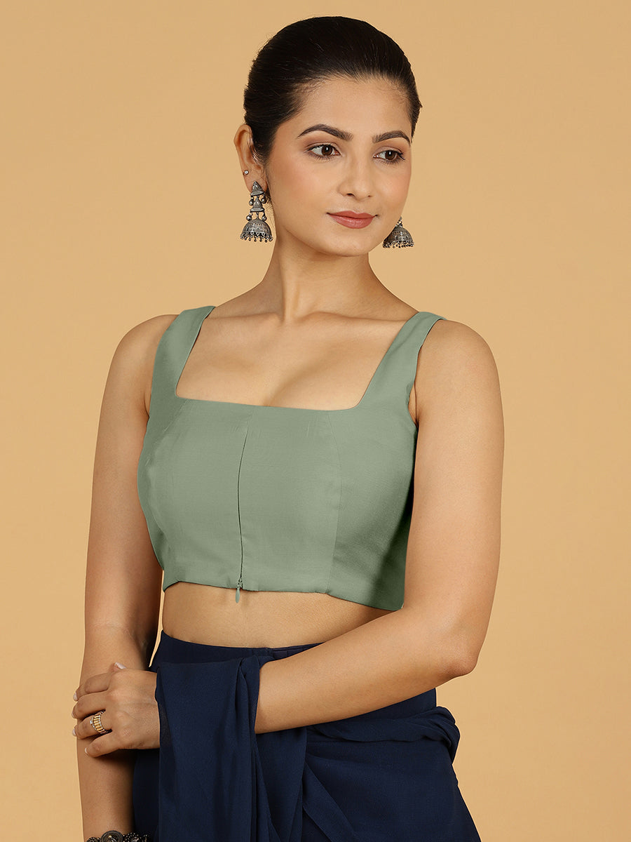 Kasturi x Rozaana Saree Blouse, in Green Viscose, featuring sleeveless and square neckline, made for daily & work (view 7).
