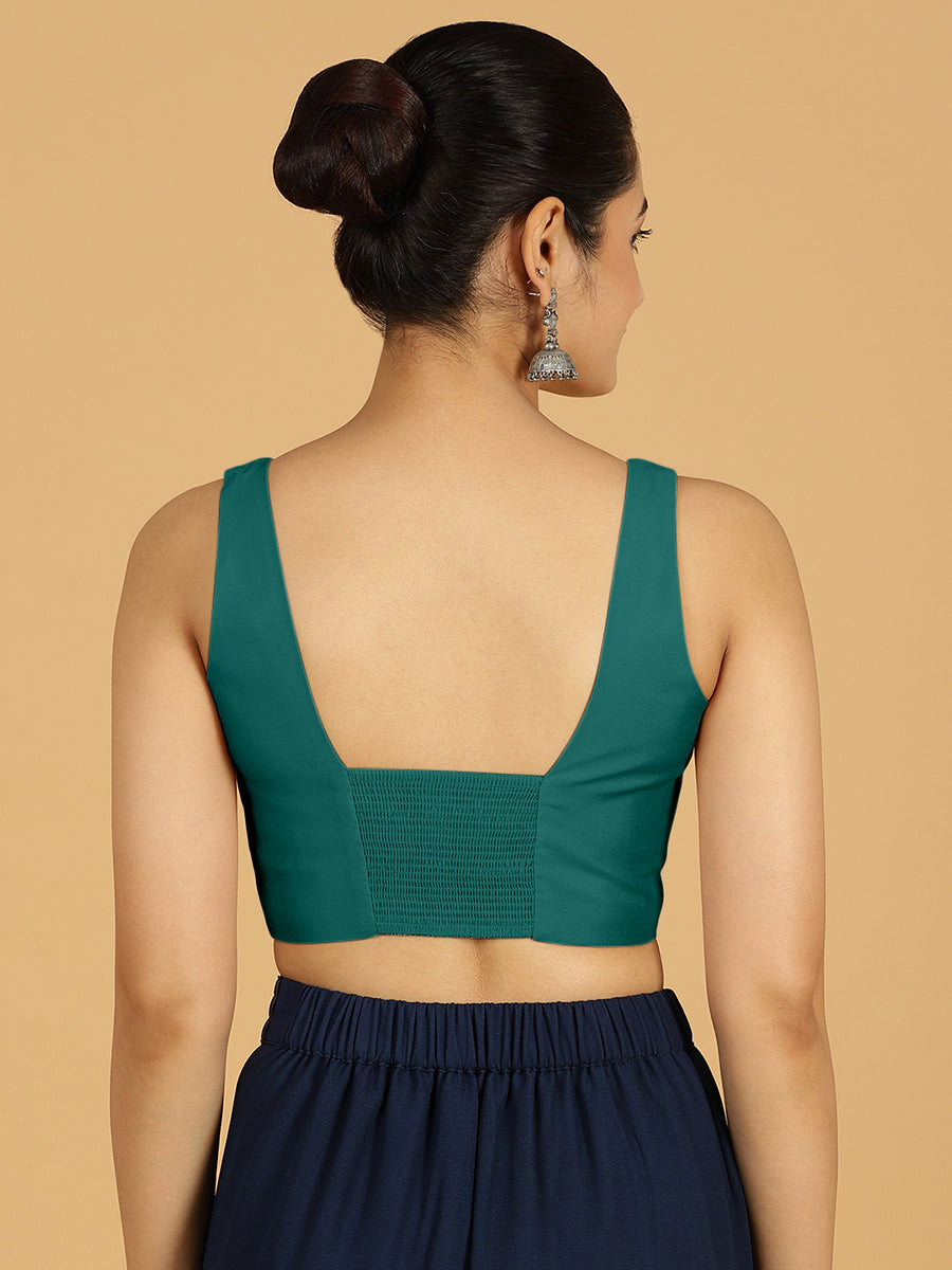 Kasturi x Rozaana Saree Blouse, in Green Viscose, featuring sleeveless and square neckline, made for daily & work (view 2).