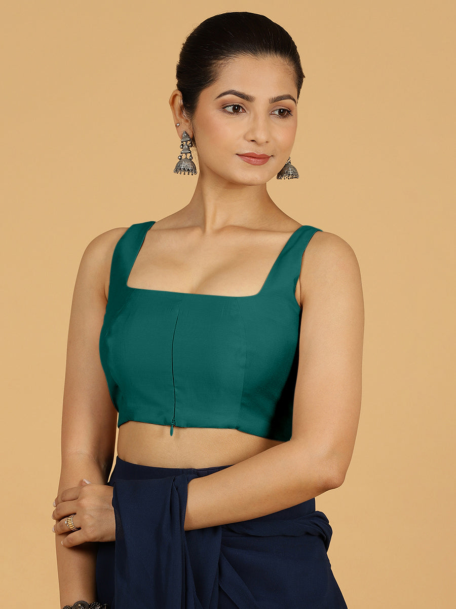 Kasturi x Rozaana Saree Blouse, in Green Viscose, featuring sleeveless and square neckline, made for daily & work (view 6).